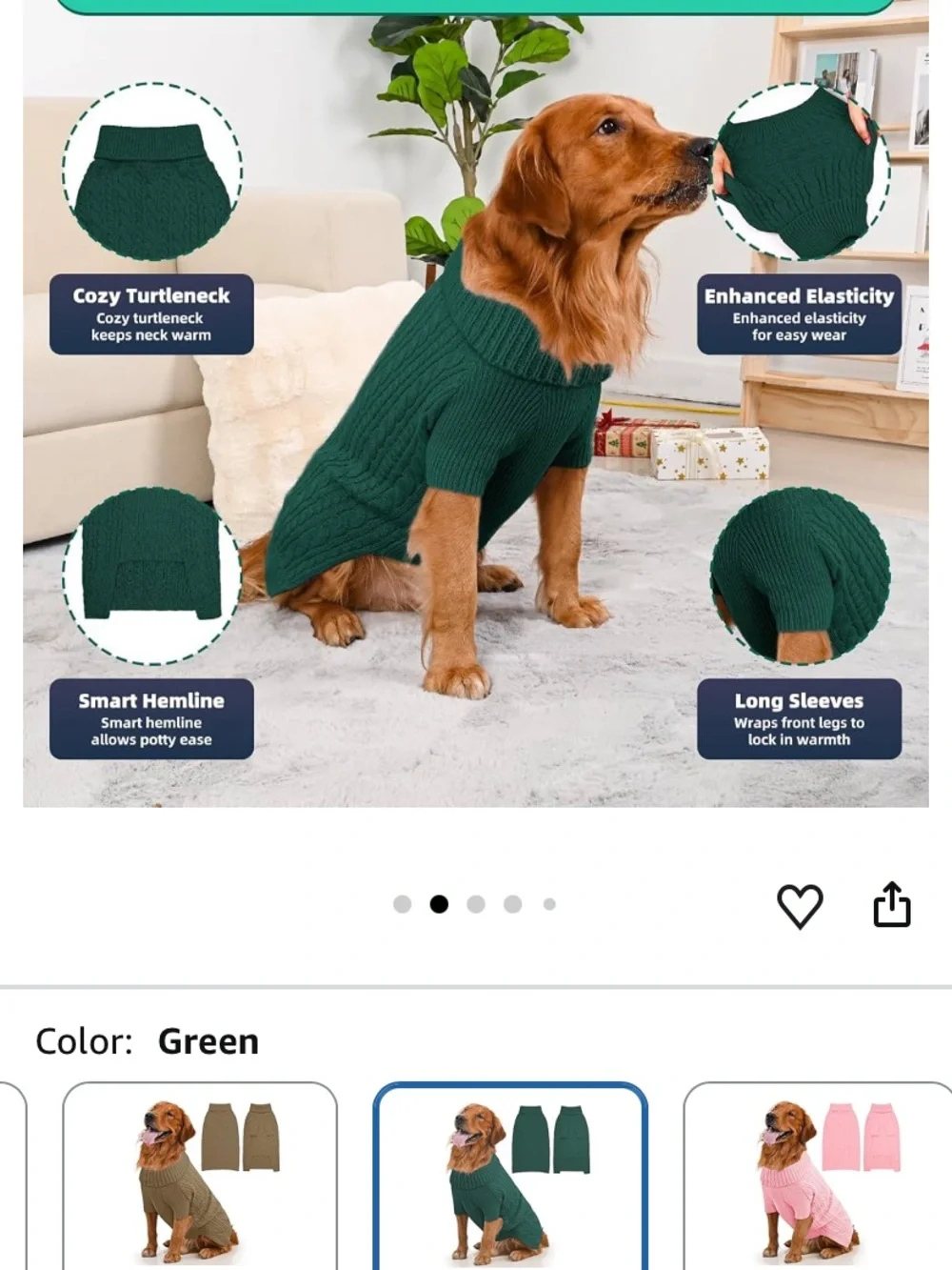 Dog Sweater for Large Dogs, Long Sleeve, Size XXL, Green Stretchy cable knit